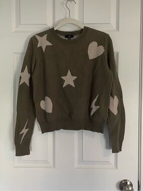 Fate Olive Green Crewneck Sweater with Cream Hearts, Stars & Lightning